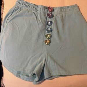 Queen of Sparkle Blue Women’s Elastic Waist Shorts with Decorative Heart Buttons